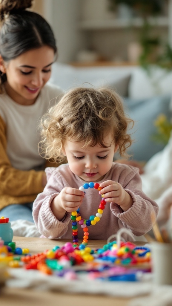 A child making colorful friendship bracelets with beads and a smiling adult nearby.