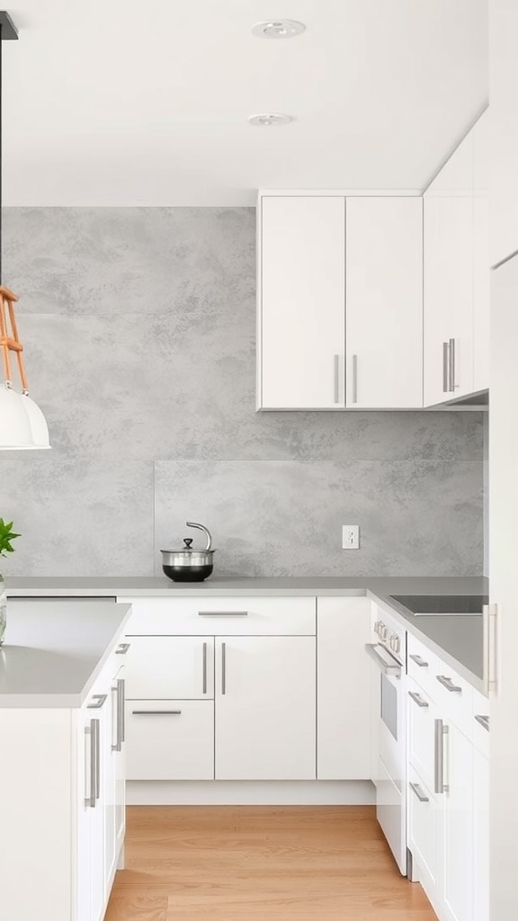 A modern kitchen featuring a concrete accent wall, white cabinets, and wooden flooring.