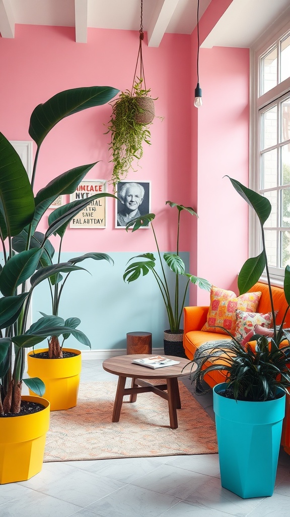 A bright room featuring large black house plants in colorful pots, with pink and blue walls and an orange couch.