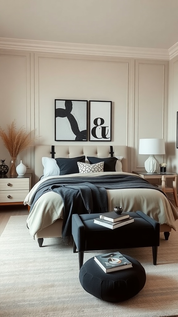 A stylish beige bedroom featuring dark accents with black furniture and artwork.