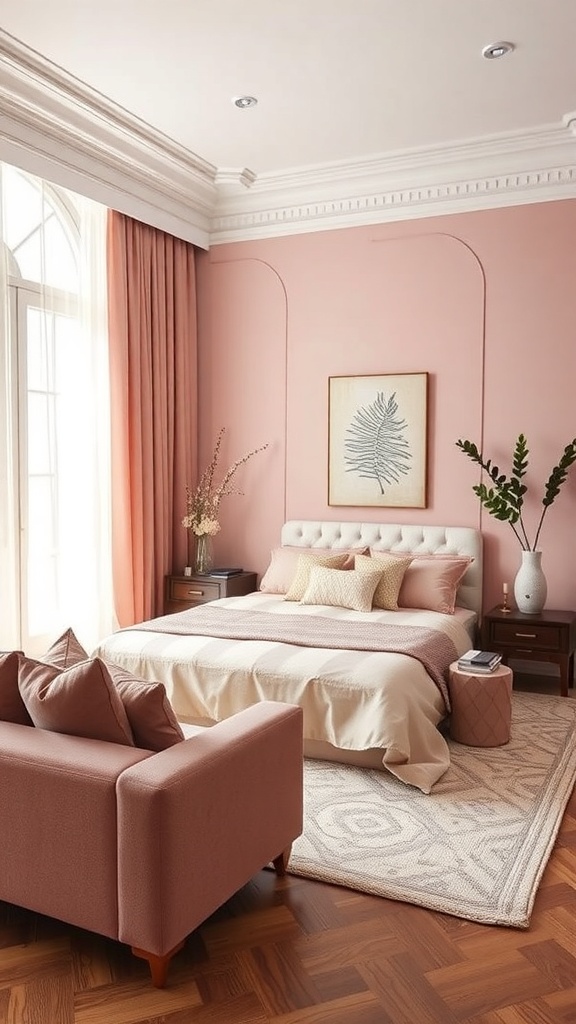 A pink living room with soft pink walls, a light-colored bed, and darker wooden furniture.