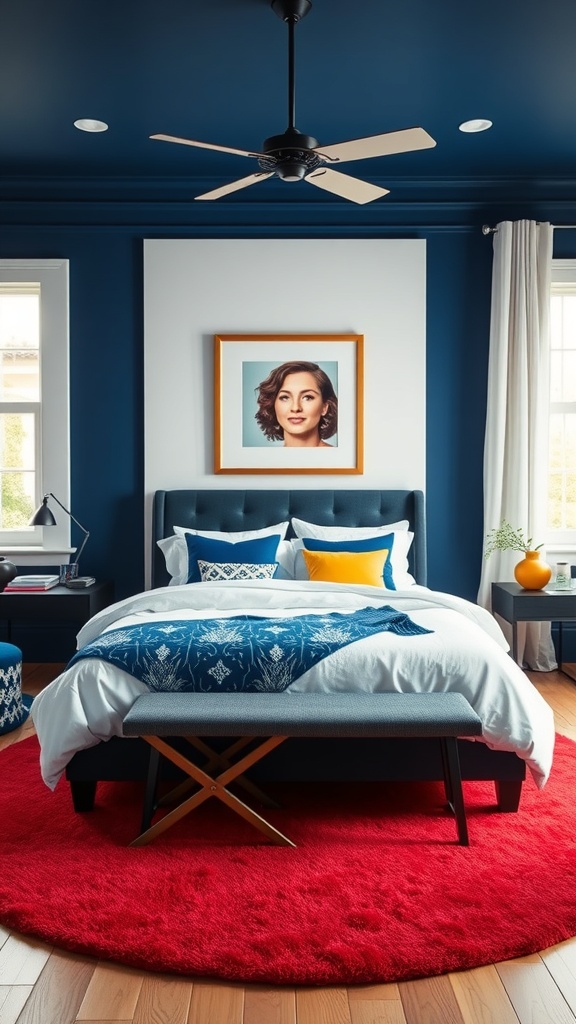 A navy blue bedroom featuring a red rug, colorful bedding, and a portrait on the wall.