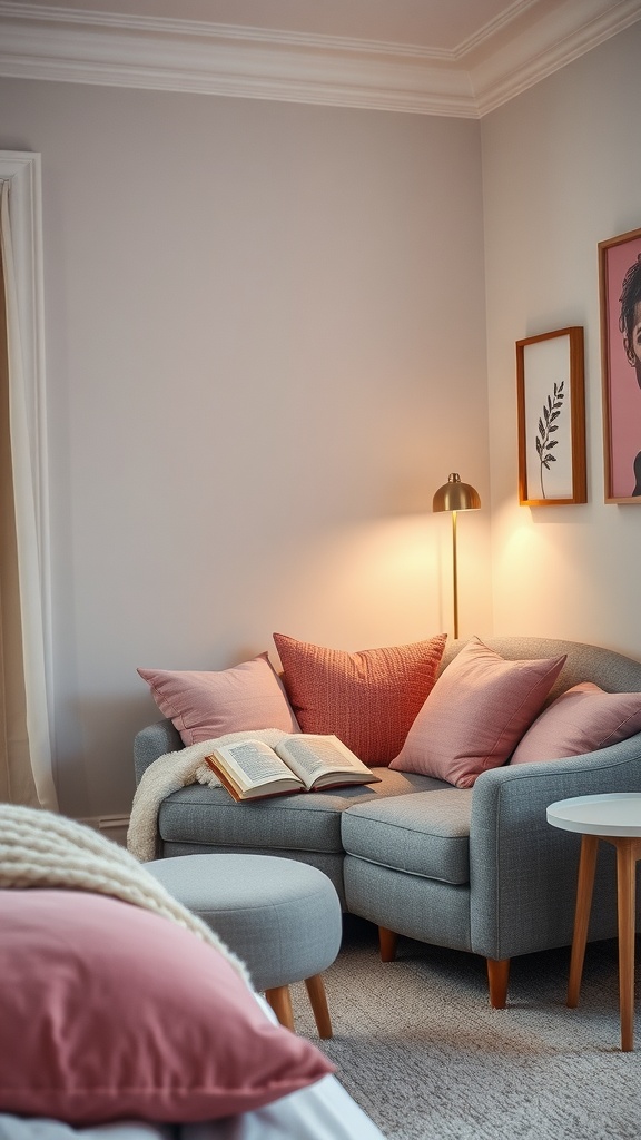 Cozy reading nook in a pink and grey bedroom with a grey sofa, pink cushions, and a lamp