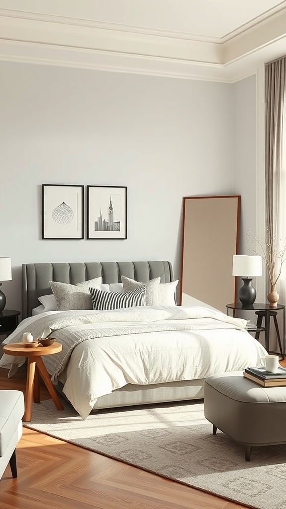 A stylish bedroom featuring a large floor mirror beside a bed, enhancing the room's depth and aesthetic.
