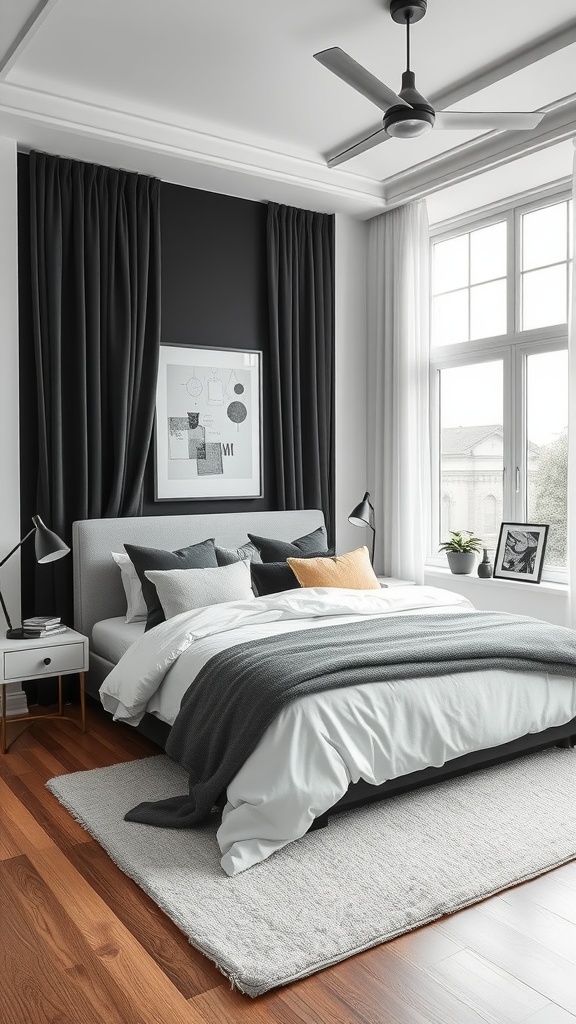 A monochrome bedroom featuring gray and white tones, layered textures, and modern decor.