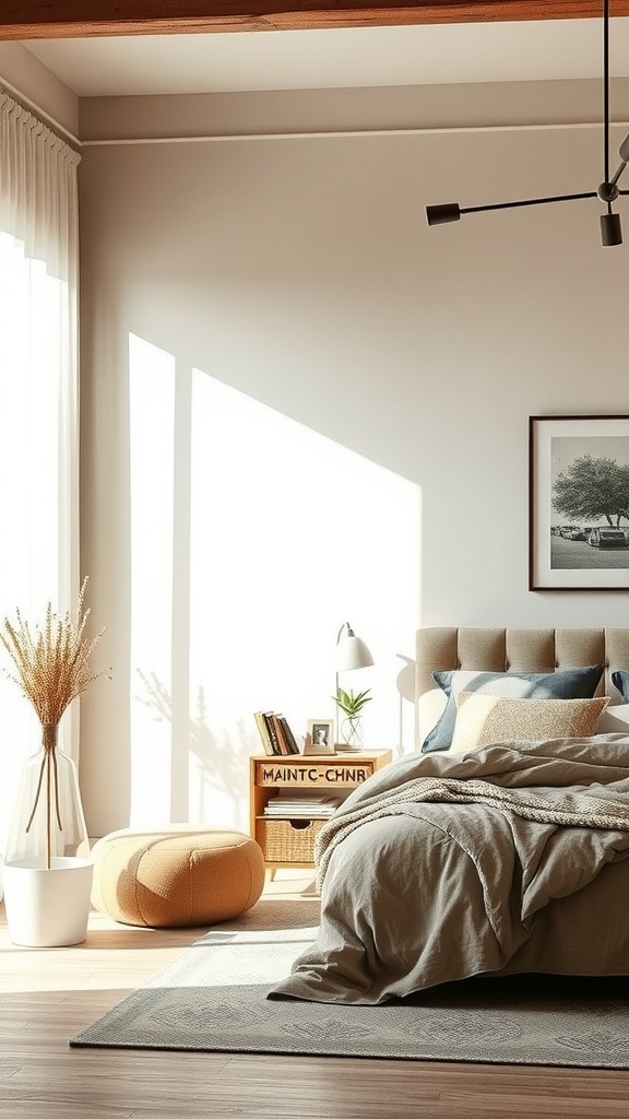 A cozy taupe-themed bedroom with natural light, showcasing a bed, pouf, and decor elements.