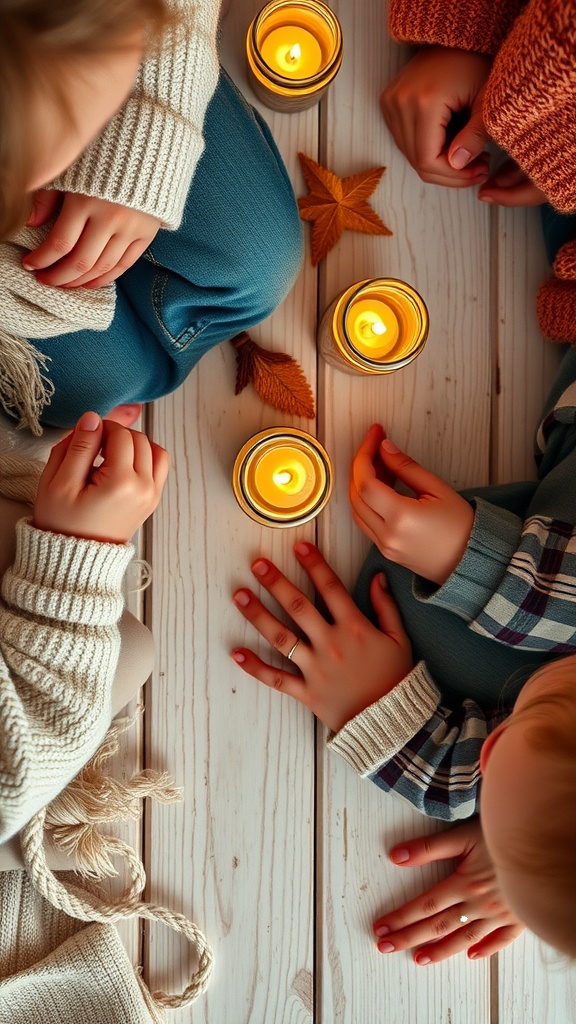 Children's hands around glowing lanterns on a wooden surface with autumn leaves.
