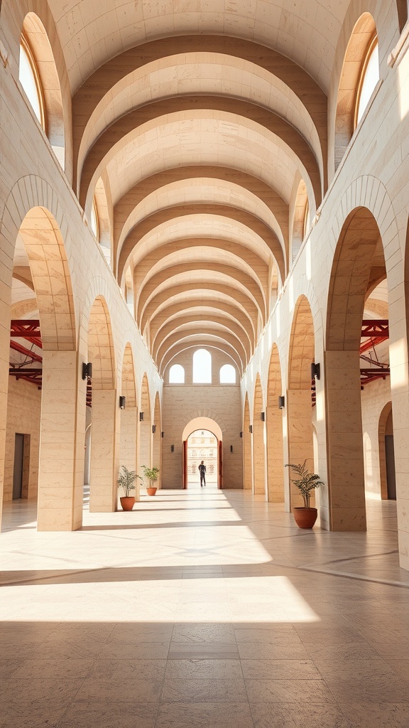 A spacious interior featuring high ceilings, arches, and decorative plants.