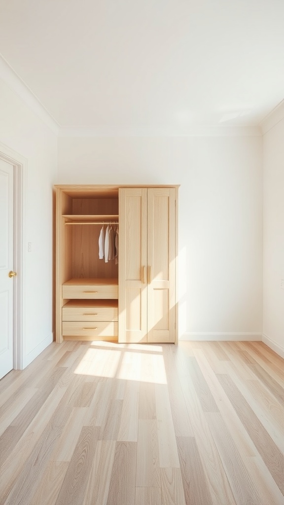 Small bedroom with a wooden wardrobe and natural light