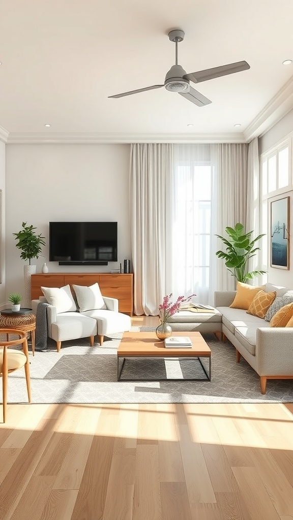 A bright living room with a cozy arrangement of furniture, featuring a sofa, chairs, and a coffee table, surrounded by plants and natural light.