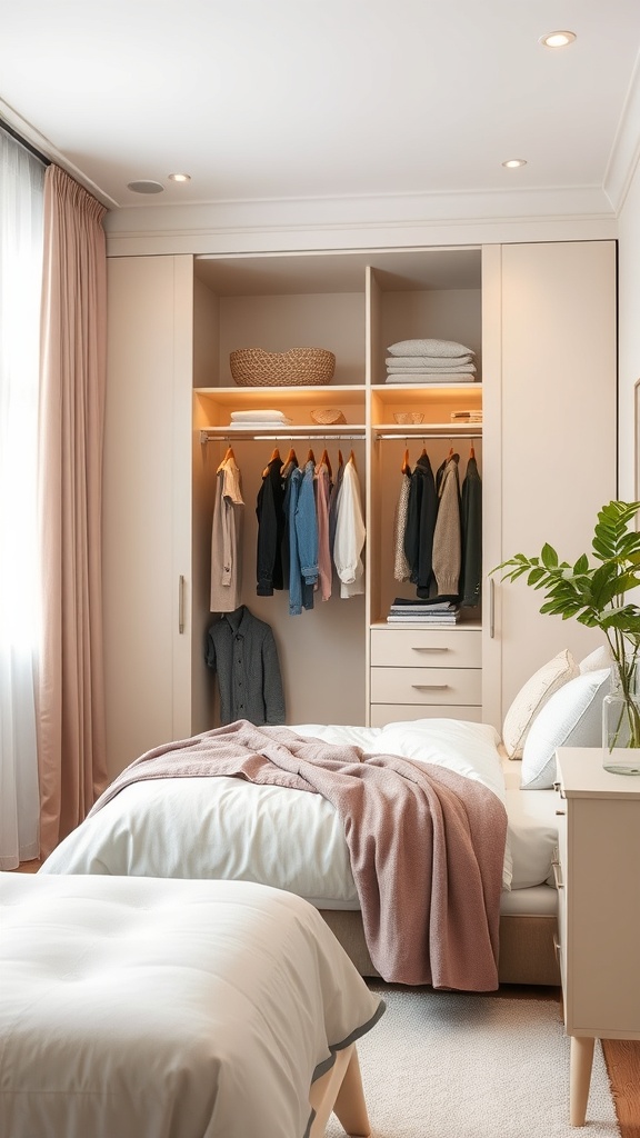 A small bedroom featuring an open wardrobe with clothes and shelves, a bed with a soft blanket, and a plant, creating a cozy atmosphere.