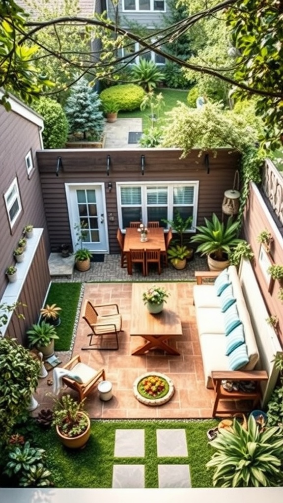 A family backyard with distinct outdoor zones including a lounge area, dining space, and lush greenery.