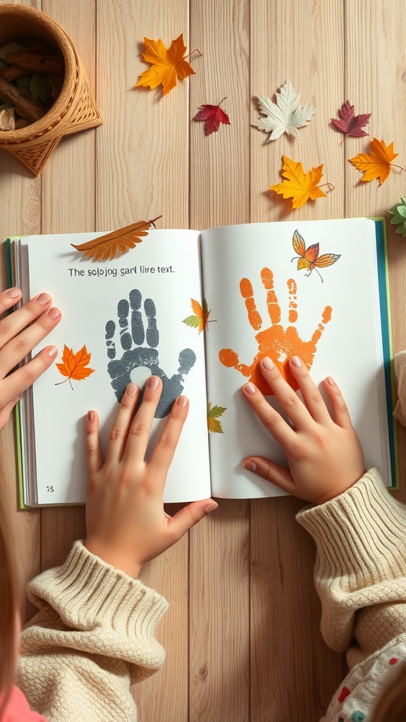 Children's hands with colorful handprints creating animal shapes in a storybook.