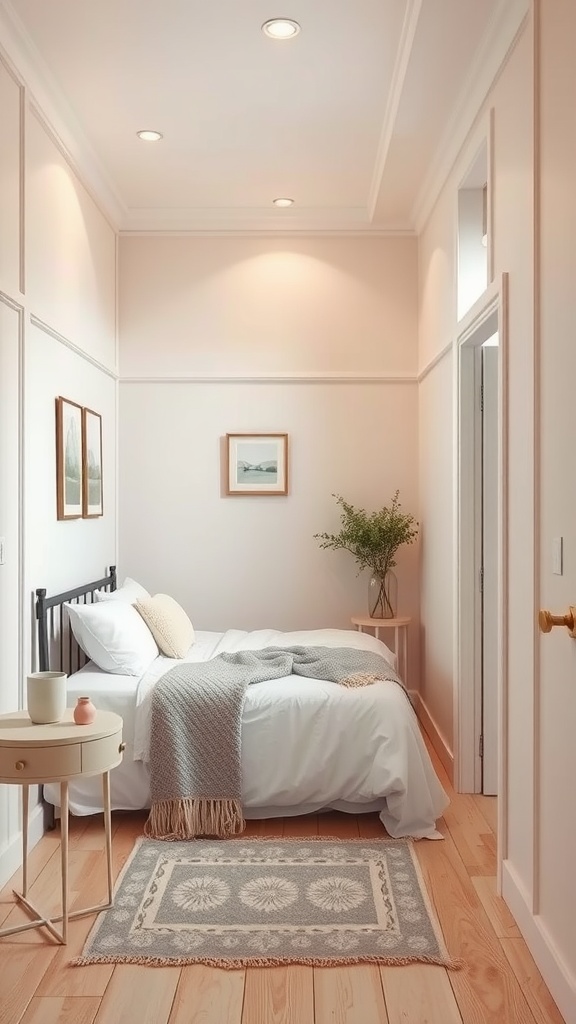 A light-colored narrow bedroom featuring a bed with white bedding, a small nightstand, and soft lighting.