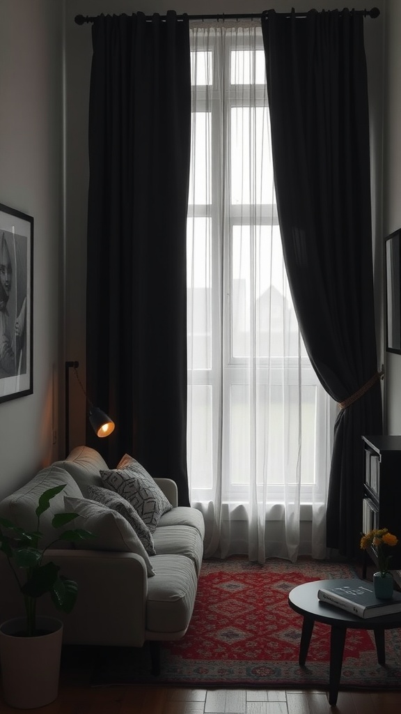 A cozy living room with black curtains, white sofa, and a warm light fixture.