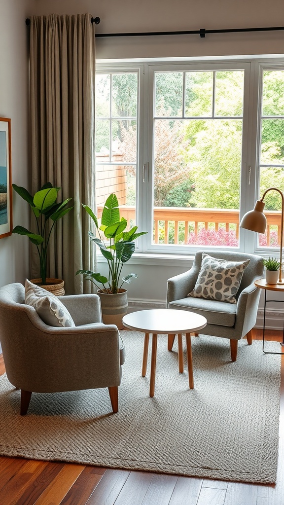 A cozy family room with two armchairs, a small coffee table, and plants by a large window.