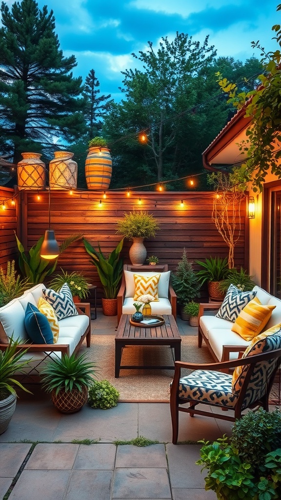 Cozy outdoor living area with seating, plants, and string lights.