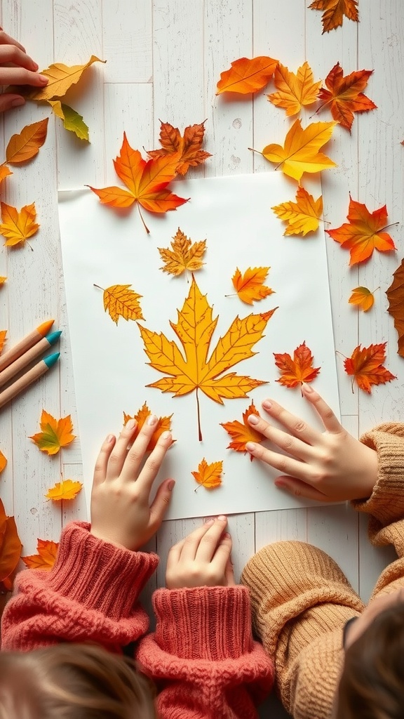 Children creating leaf rubbings with colorful autumn leaves.