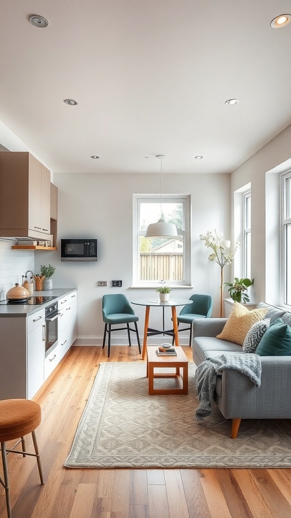 A modern kitchen extension with a cozy living area, featuring a sofa, dining table, and large windows.