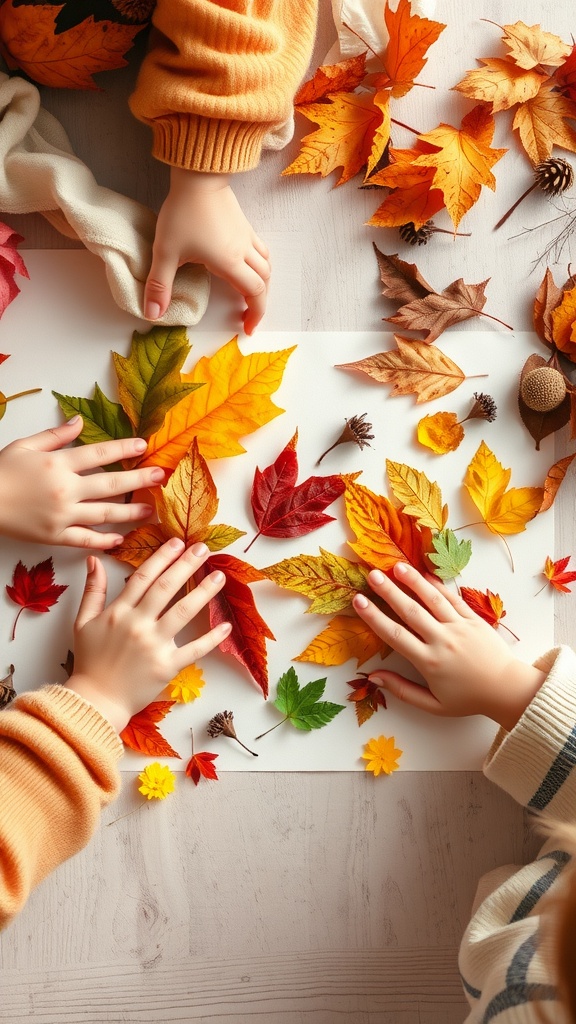 Children's hands arranging colorful leaves and pine cones on paper to create a nature collage.