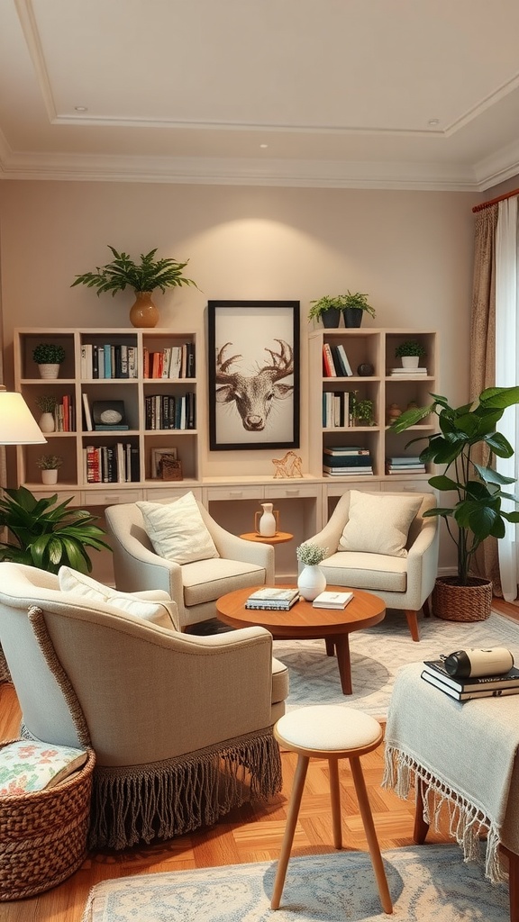 Cozy family room with two armchairs, a wooden coffee table, and plants on shelves