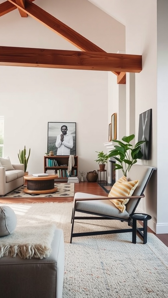 Open space living room showcasing a cozy nook with a chair, coffee table, and plants.