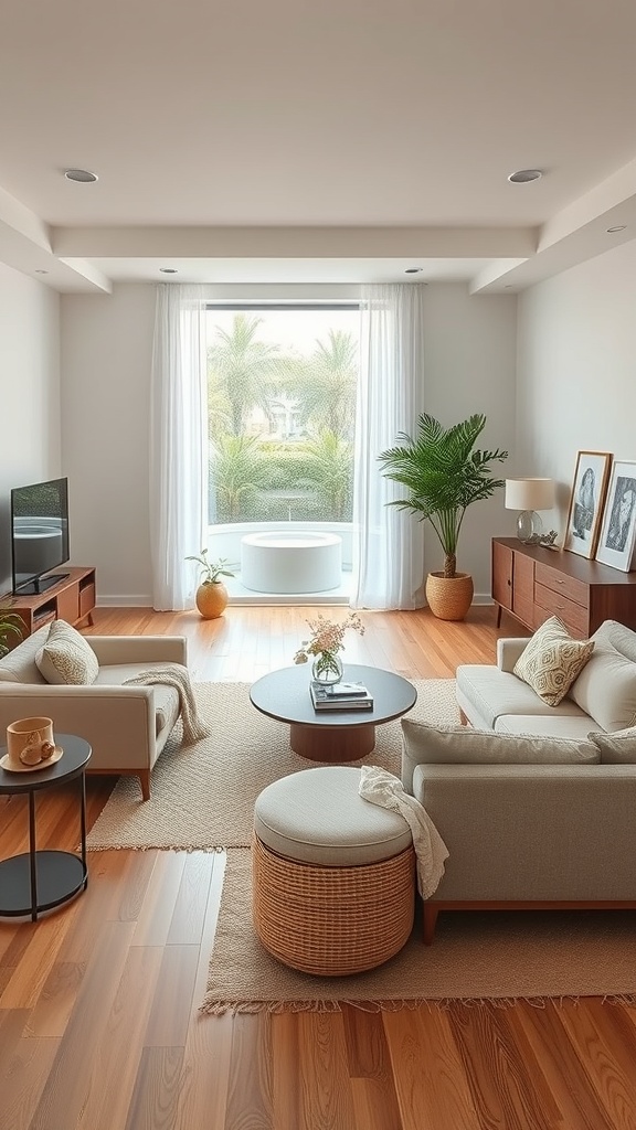 A minimalist living room with natural light, featuring a sofa, armchairs, a coffee table, and plants.