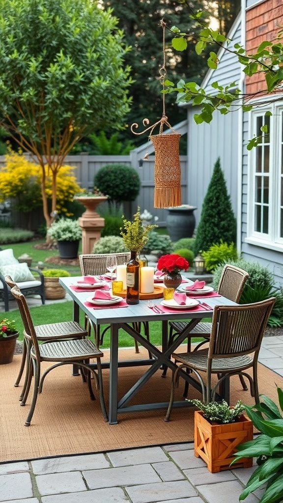Outdoor dining area with a table set for a meal surrounded by greenery