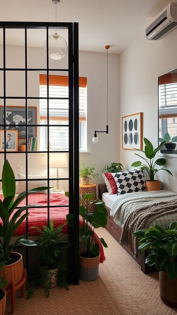 Shared bedroom divided by a black grid room divider, showcasing two distinct sleeping areas with plants and personalized decor.