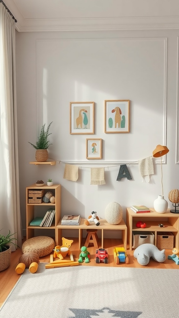 A cozy living room and playroom combo featuring wooden shelves, playful toys, and framed artwork.