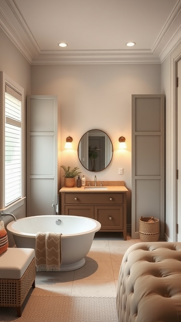 A stylish Jack and Jill bathroom featuring a round tub, double sinks, and natural light.
