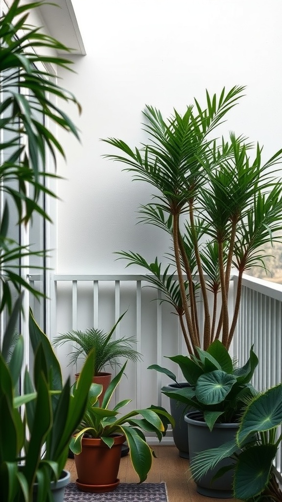 A cozy balcony with tall house plants creating a green privacy barrier.