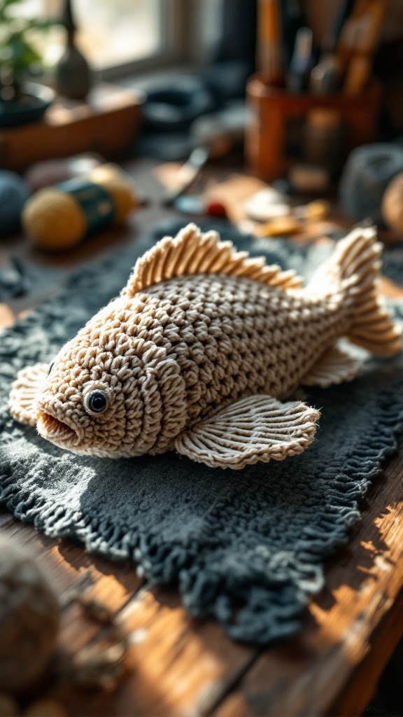 A beautifully crocheted fish with realistic scales, placed on a dark textured surface.