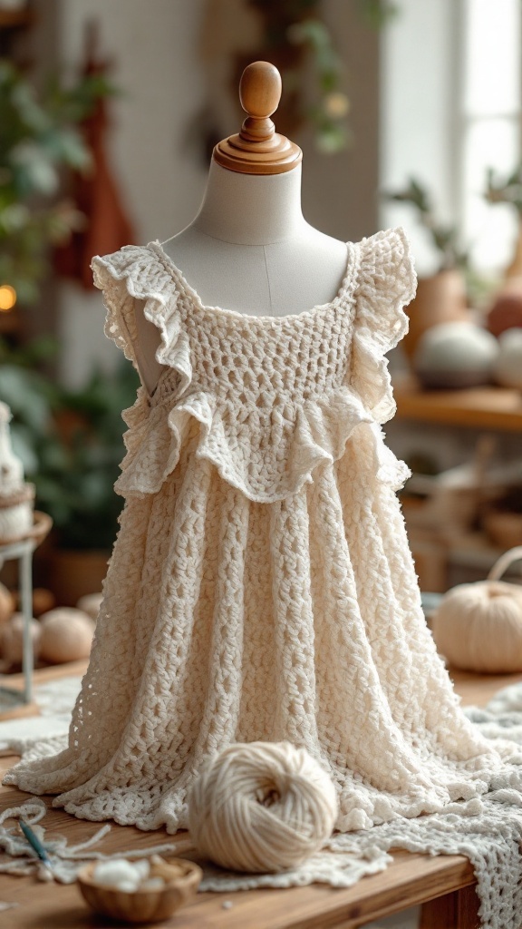 Crochet baby dress with ruffles and layers displayed on a mannequin