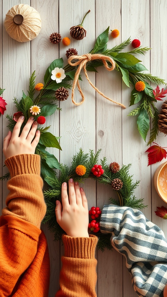 Kids creating a seasonal wreath with leaves, flowers, and decorative elements.