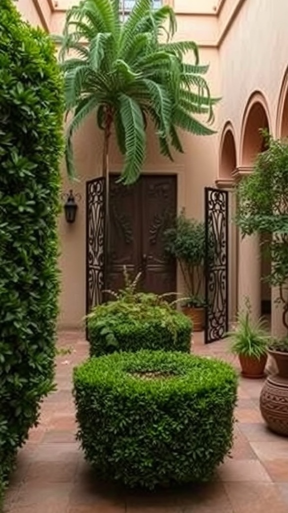 A spacious Mediterranean courtyard with lush hedges, a palm tree, and decorative doors.