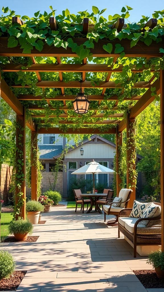 A beautiful backyard pergola with greenery, seating area, and a table under shade.