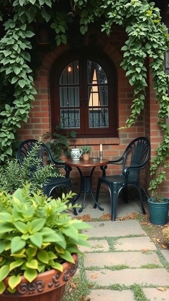 A small courtyard garden featuring a table and chairs surrounded by plants.