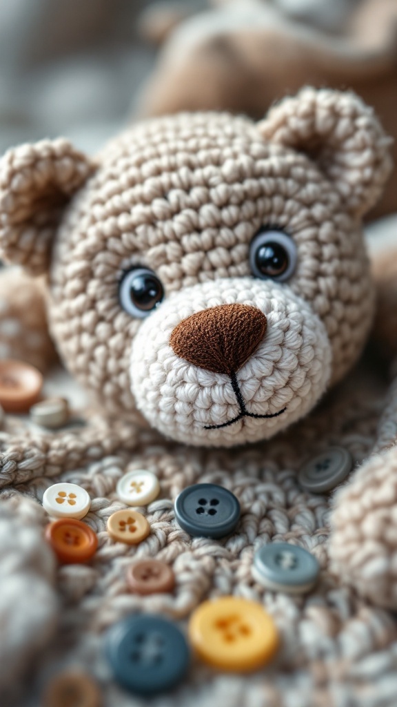 Close-up of a crochet teddy bear's face with buttons around it.
