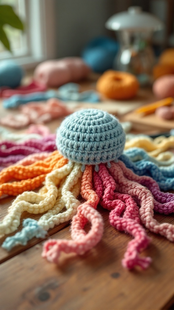 Crochet jellyfish with colorful tentacles on a wooden table.