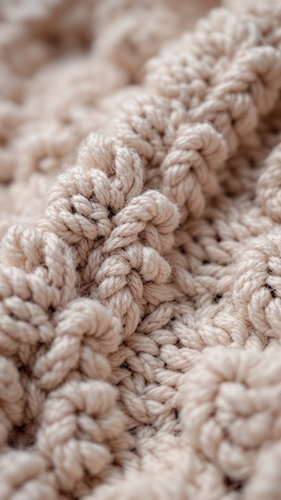 Close-up image of crochet work featuring bobble stitches, showing textured puffs in a light beige yarn.