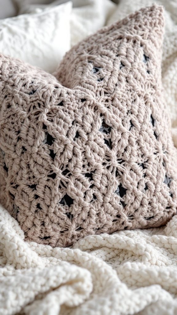 Textured crochet pillow cover in soft pink yarn placed on a cozy blanket