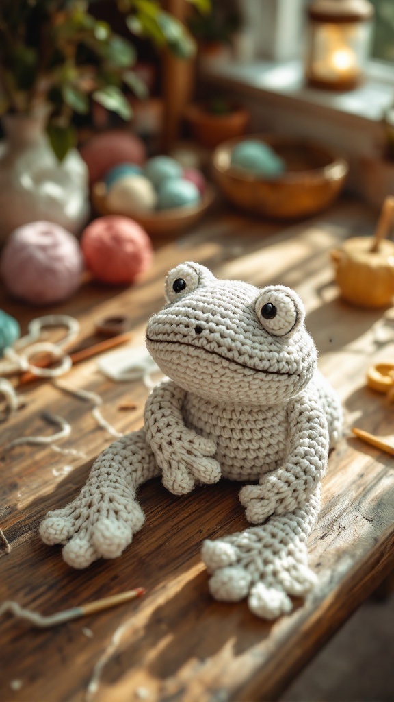 A charming crocheted frog on a wooden table surrounded by colorful yarn and crafting tools.