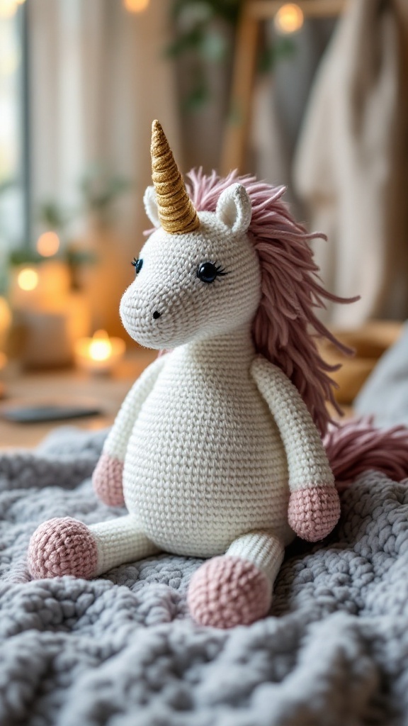 Crocheted unicorn with a round body, pink hooves, and a golden horn, sitting on a cozy blanket.