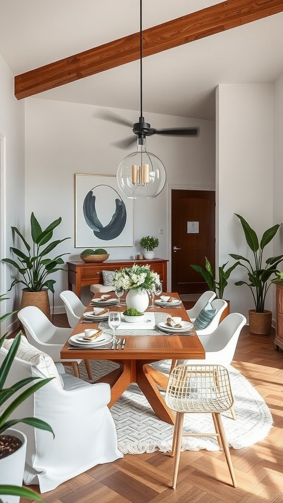 A cozy dining room living room combo featuring a wooden table, stylish chairs, and indoor plants.