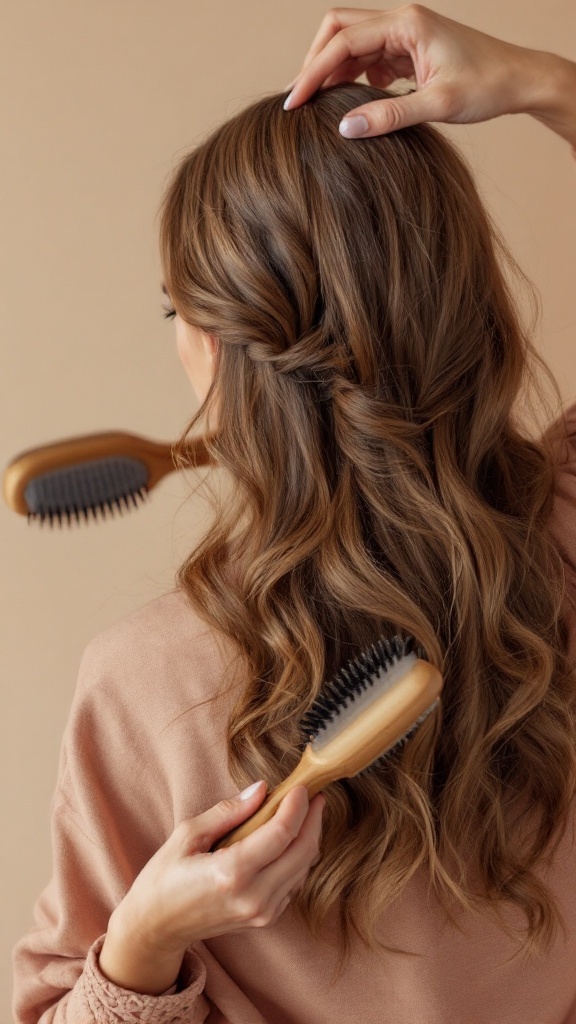 A woman with wavy hair creating volume in a half up half down hairstyle using a brush