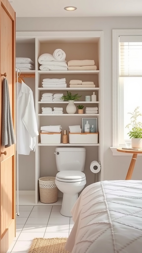 A well-organized bathroom closet with towels, toiletries, and a plant.