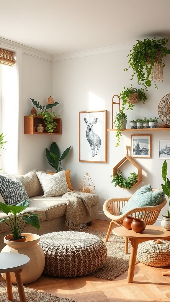 A cozy living room with plants, a sofa, and a knitted pouf, designed for quiet activities.