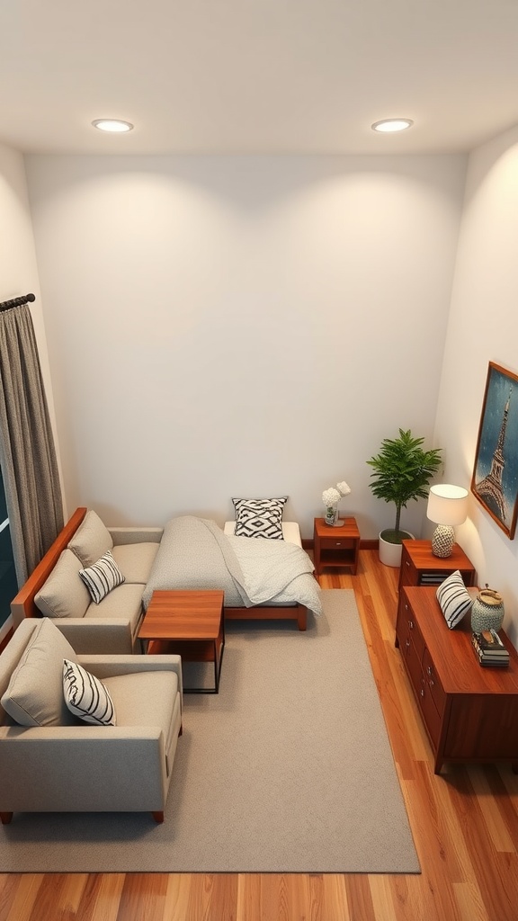 Cozy bedroom layout with a sleep area and a relaxation zone, featuring a bed, sofa, and coffee table.