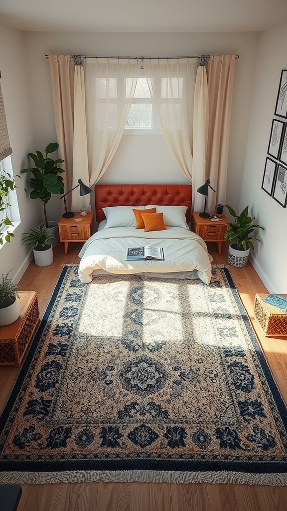 A cozy bedroom featuring a patterned area rug, a bed with orange accents, and plants.